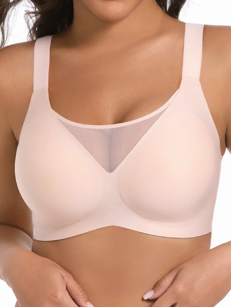 Seamless V-Neck Mesh Push up Full Coverage Wireless Bra Women'S Soft Comfortable Underwear 7846